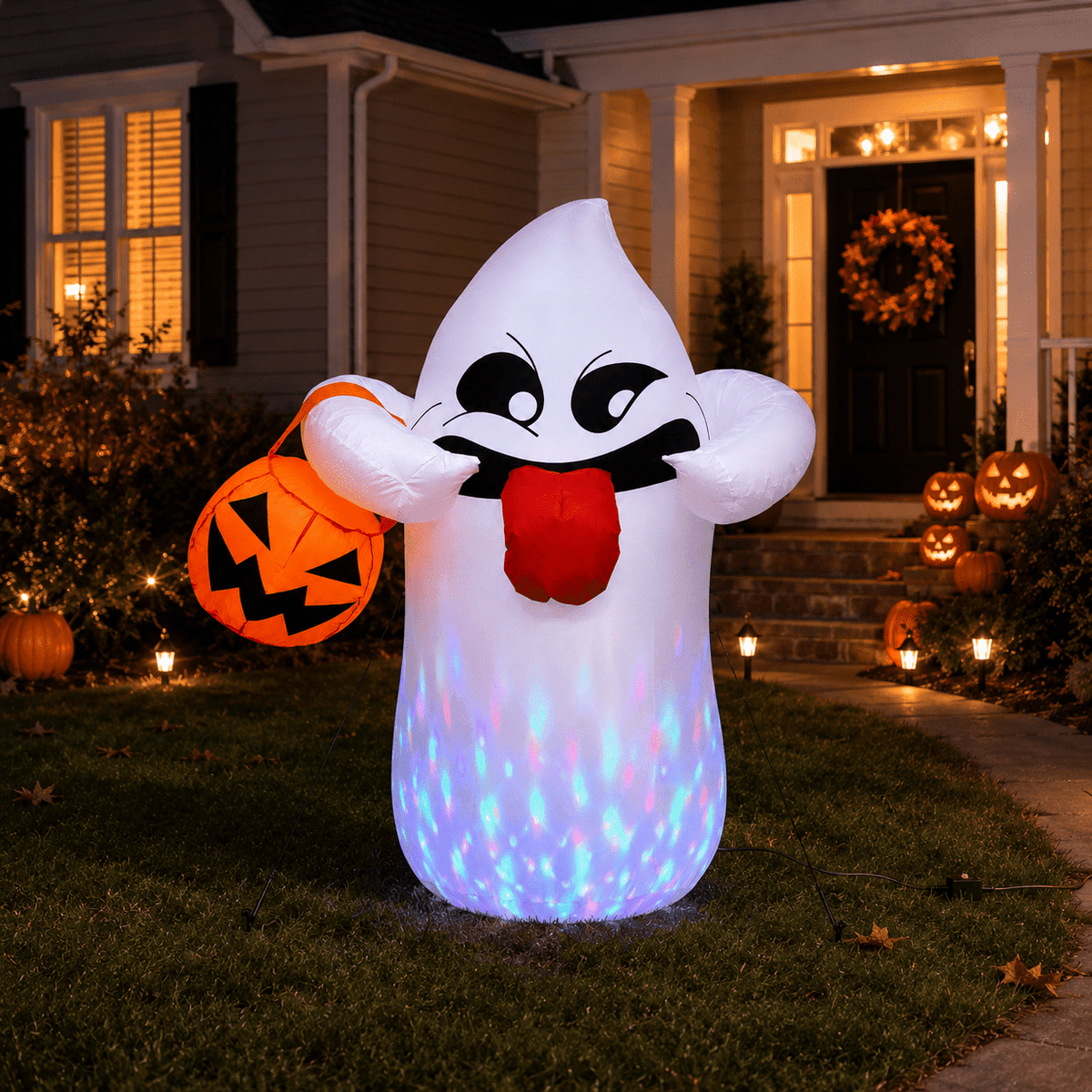 Haunt & Co 5FT Halloween Inflatable Ghost Holding Pumpkin Lantern, Light-Up Blow Up Outdoor Yard Decoration with RGB LED Lights