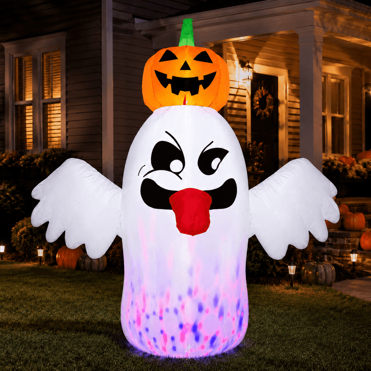 Haunt & Co 6FT Halloween Inflatable Ghost with Pumpkin Head, Light-Up Blow Up Outdoor Yard Decoration with White and RGB LED Lights