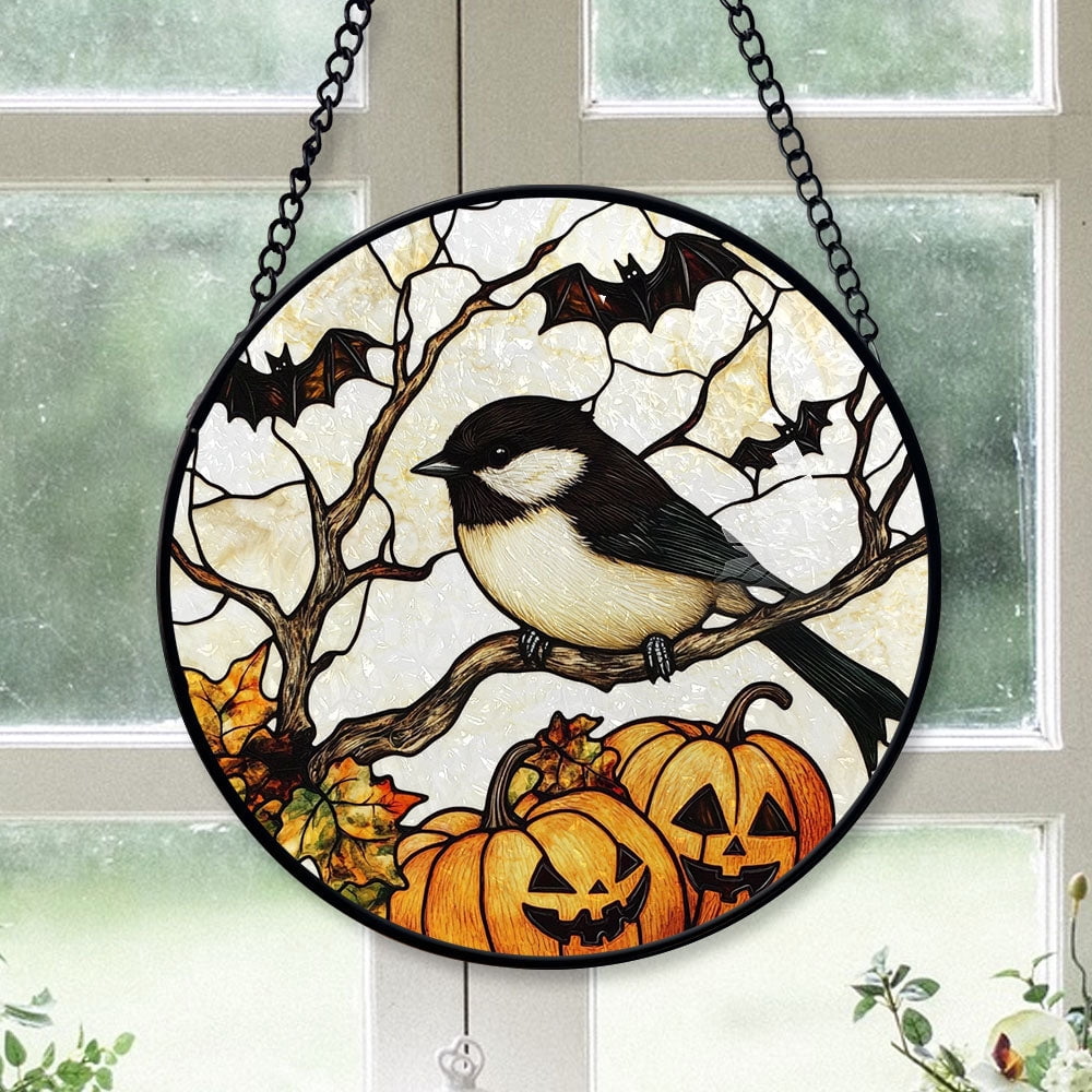 Haunt & Co Bedroom Christmas Gift - Halloween Chickadee Christmas Stained Glass Hanging Ornament - Nature-Inspired Holiday Tree Decoration, Xmas Gift for Mom, Dad, Family, Friends