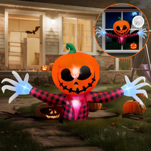 Haunt & Co 5 FT Halloween Inflatable Pumpkin Ghost - Outdoor LED Blow-Up Decoration with Giant Arms, Light-Up Eyes, Waterproof Yard Decor