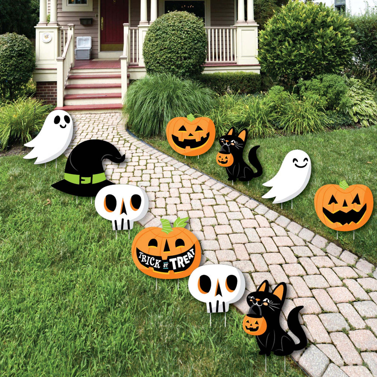 Haunt & Co Big Dot of Happiness Jack-O'-Lantern Halloween - Black Cat Ghost Skull & Witch Hat Lawn Decor - Outdoor Kids Halloween Party Yard Decorations - 10 Pc