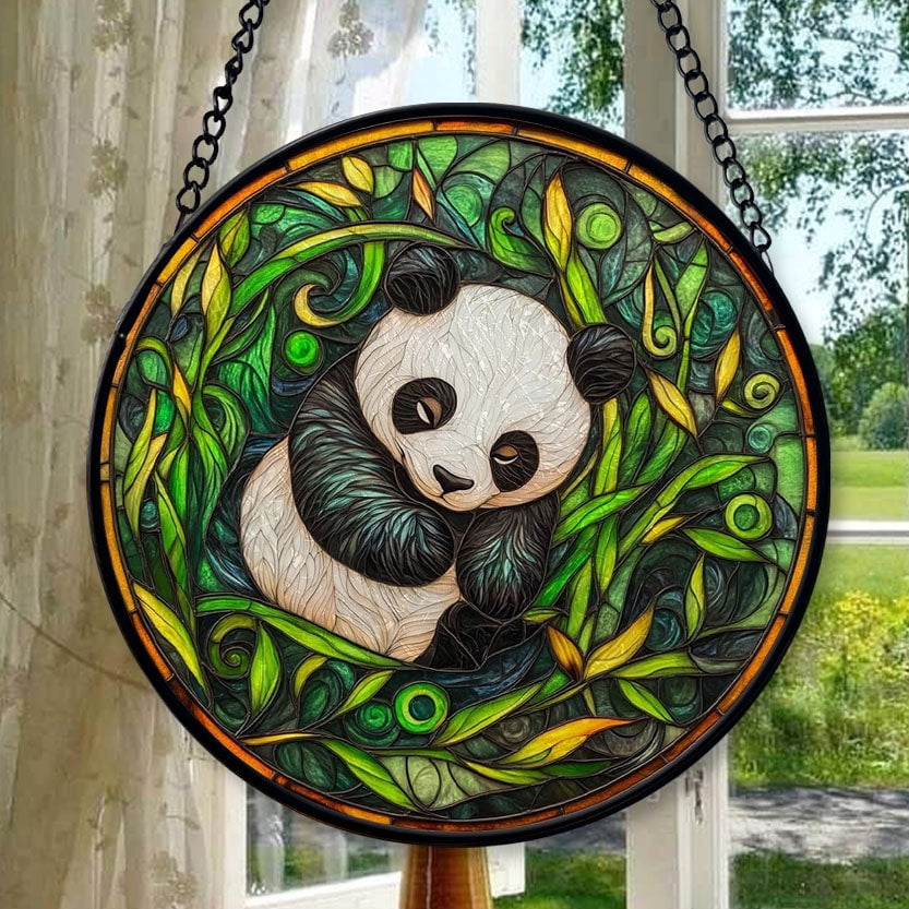 Haunt & Co Boho Panda Among Bamboo Stained Glass Suncatcher Stained Glass Window Hanging Home Decor Garden Halloween Christmas Wedding Housewarming Gifts, Stained Glass Ornament 2025