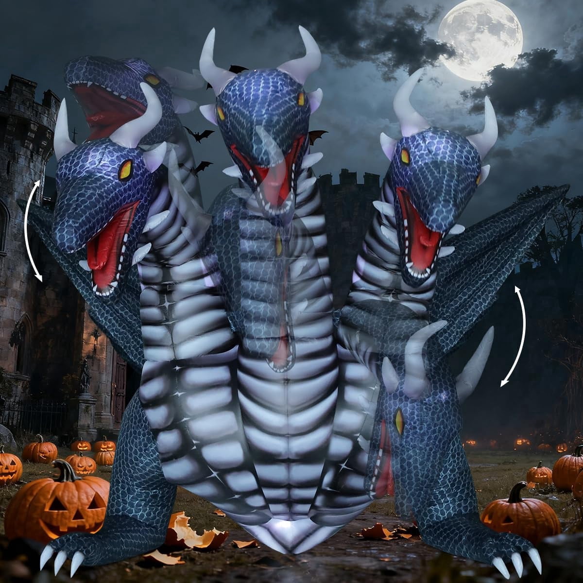 Haunt & Co COMIN 15.6 FT Long Animated Halloween Inflatables Outdoor Decorations Black Hydra Dragon - Giant Decoration Built-in LED Lights