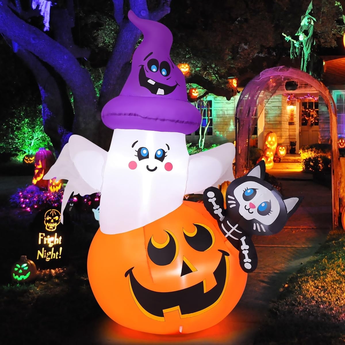 Haunt & Co COMIN 5 FT Halloween Inflatables Pumpkin Ghost Cat Outdoor Decorations Blow Up Yard with Built-in LEDs