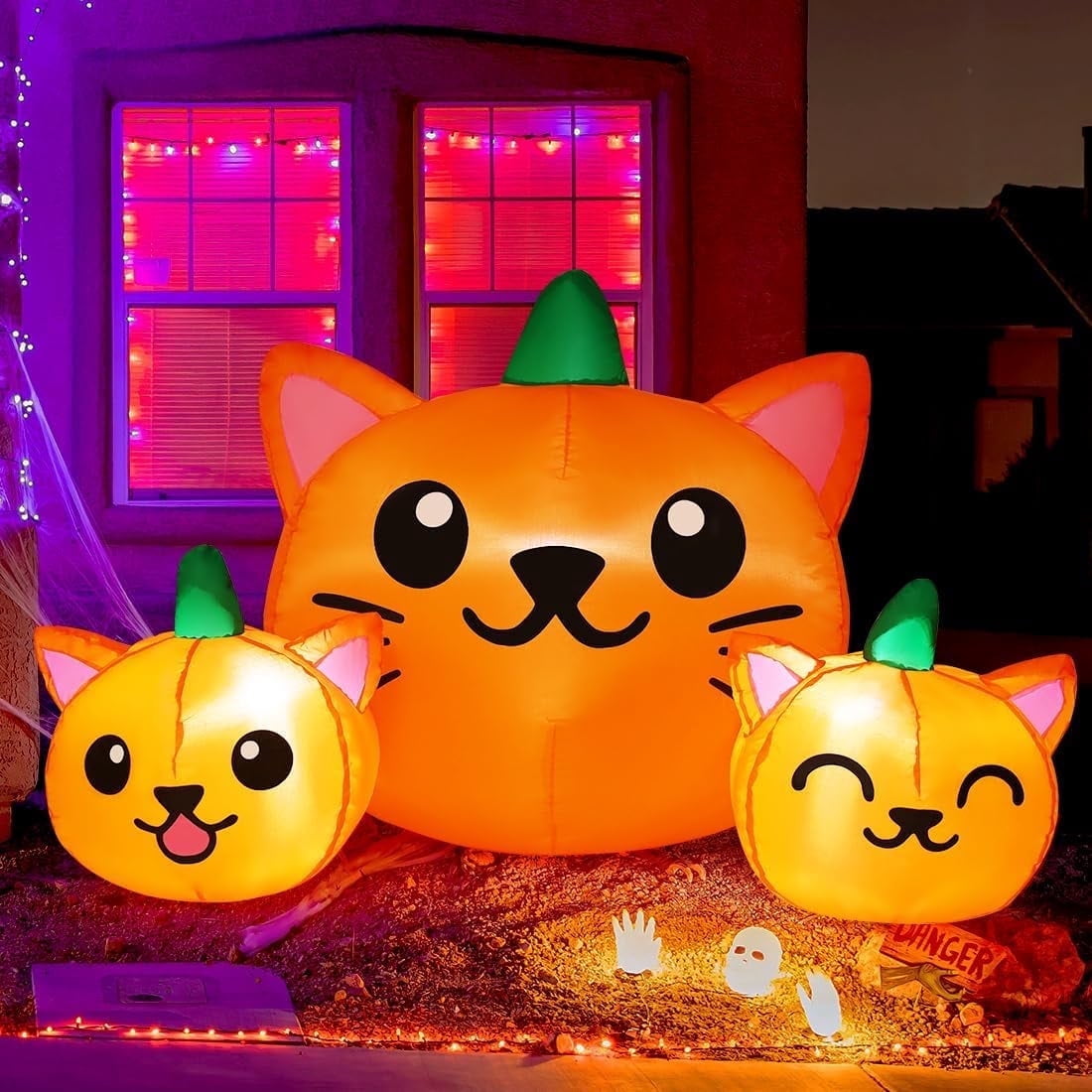 Haunt & Co COMIN Halloween Inflatable 5 FT Long Three Pumpkin Cat Head Combo with Built-in LEDs, Blow Up Yard Decoration for Holiday Party Indoor, Outdoor, Yard, Garden, Lawn