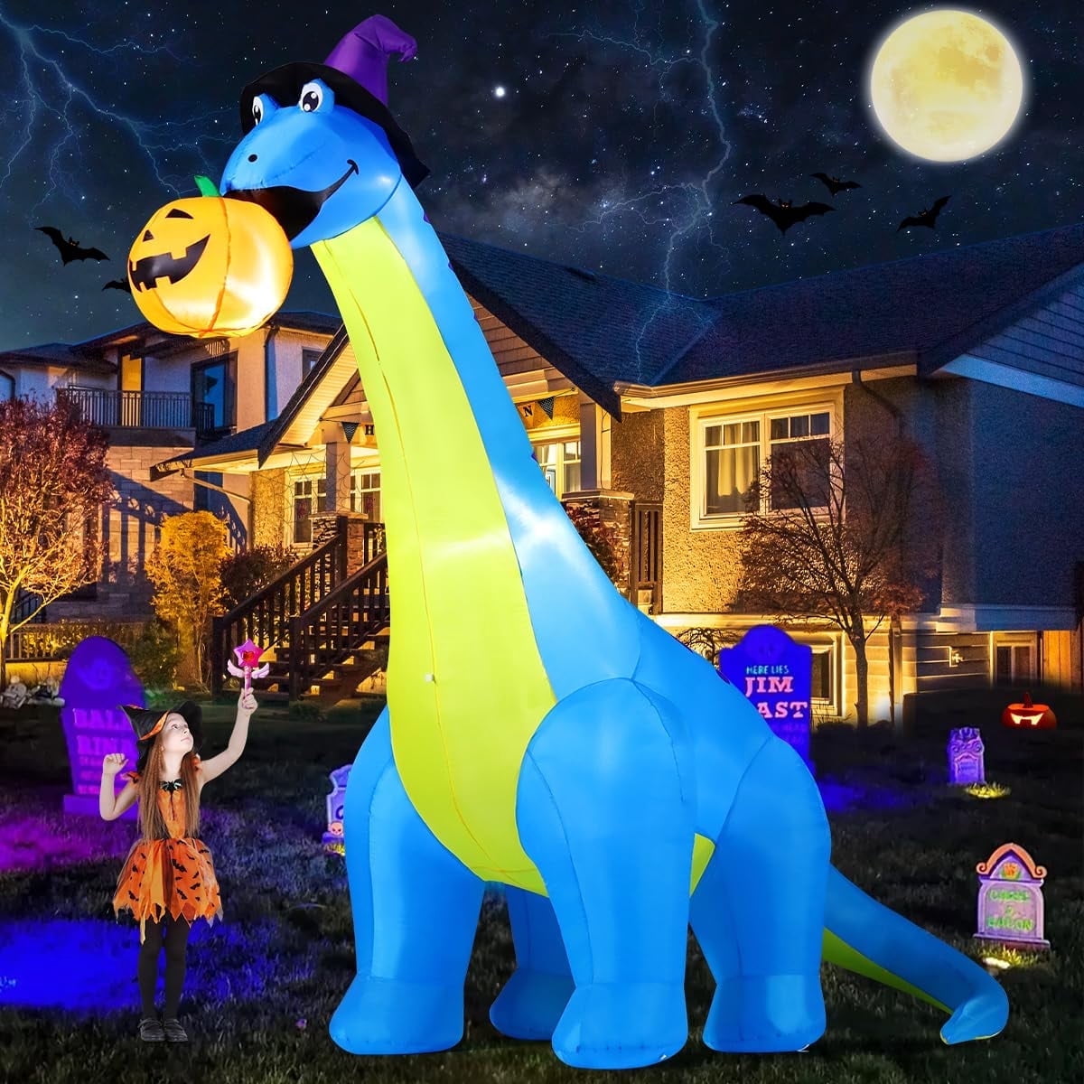 Haunt & Co COMIN Halloween Inflatables 10 FT Tall Dinosaurs Eating Pumpkin Blow Up Yard Decoration with Built-in LED