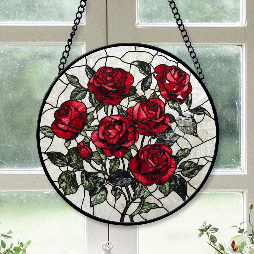 Haunt & Co Christmas Gift Box - Valentine Rose Halloween Christmas Stained Glass Hanging Ornament - Holly & Pine Holiday Tree Decoration, Gift for Friends, Family, Mom & Dad