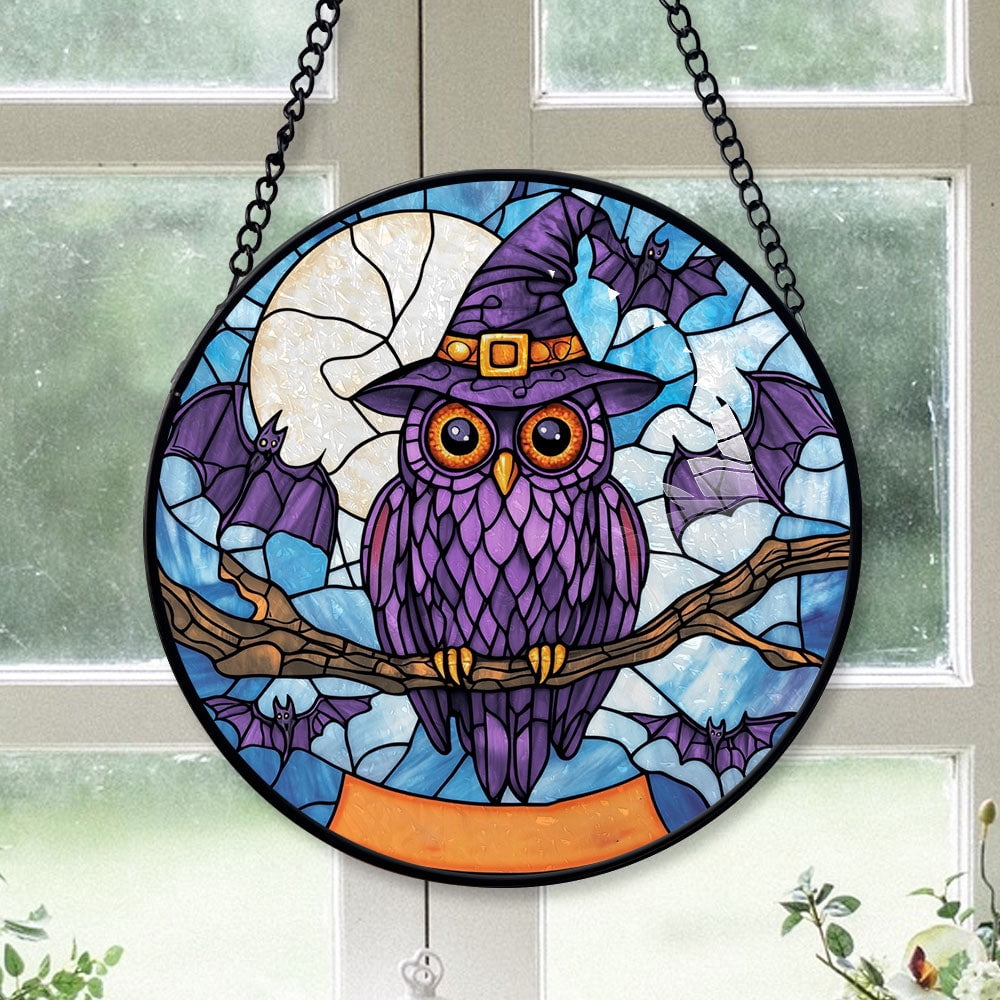 Haunt & Co Christmas Gift - Owl Halloween BirdationsBird Christmas Stained Glass Hanging Ornament - Glossy Round Holiday Tree Decoration, Xmas Gift for Dad, Mom, Family & Friends, Keepsake 2025