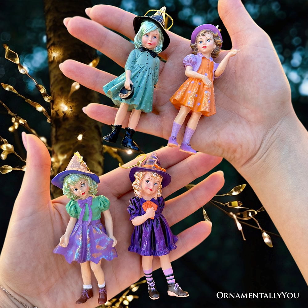 Haunt & Co Classic Victorian Little Witch Girls Set of 4 Ornaments, Vintage Halloween Tree Resin Decoration