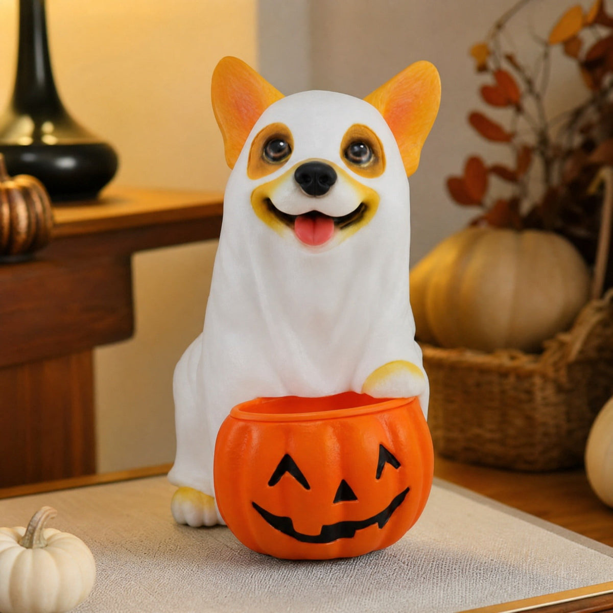 Haunt & Co Clearance! Halloween Ghost Dog Statue with Pumpkin Candy Bowl, 14" LED Ghost German Shepherd Blow-Molded Figurine Outdoor, Halloween Candy Holder Decoration Gift for Porch Yard Patio Indoor