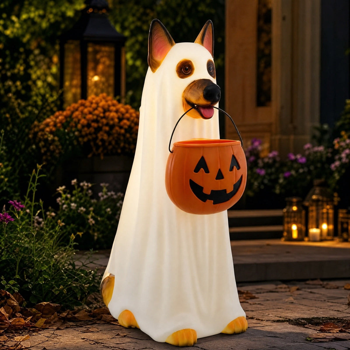 Haunt & Co Clearance! Halloween Ghost Dog Statue with Pumpkin Candy Bowl, 14" LED Ghost German Shepherd Blow-Molded Figurine Outdoor, Halloween Candy Holder Decoration Gift for Porch Yard Patio Indoor
