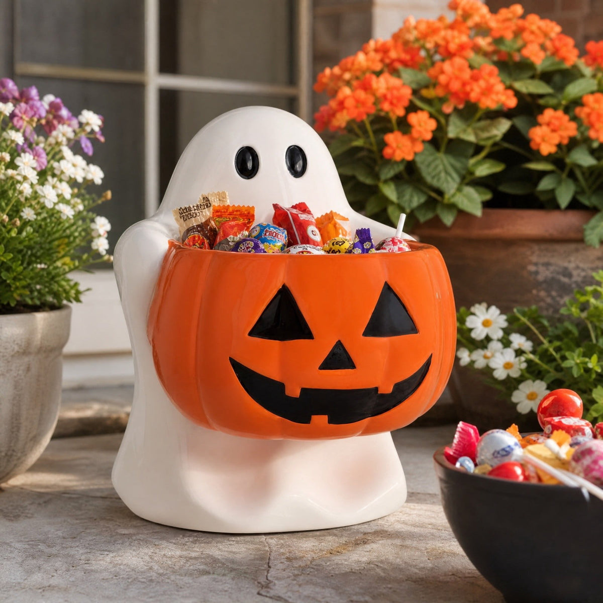 Haunt & Co Clearance! Halloween Ghost Dog Statue with Pumpkin Candy Bowl, 14" LED Ghost German Shepherd Blow-Molded Figurine Outdoor, Halloween Candy Holder Decoration Gift for Porch Yard Patio Indoor