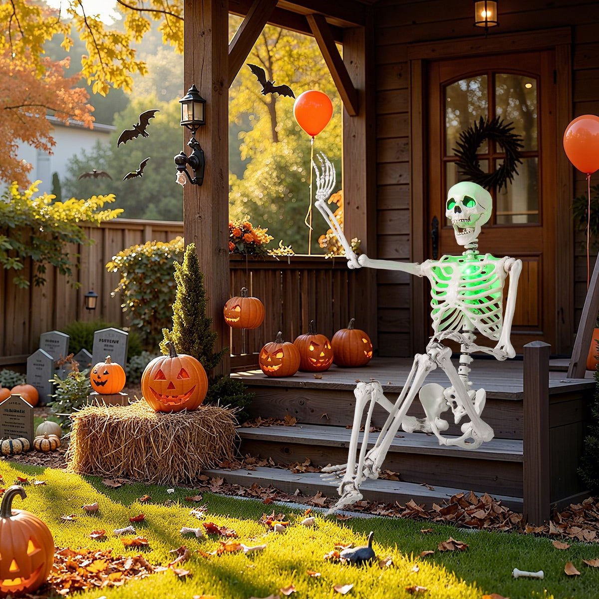 Haunt & Co Costway 5.5 FT Poseable Halloween Skeleton Life-Size Decoration with Built-in Lights Green