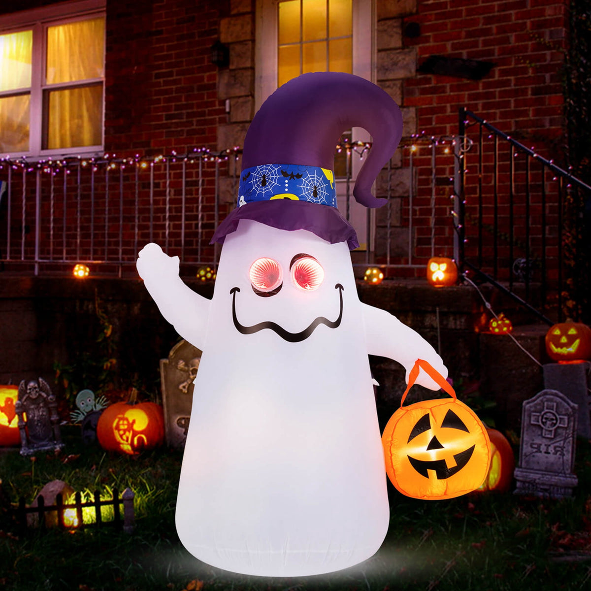 Haunt & Co Costway 6 Ft Halloween Inflatables Cute Ghost with Jack-O-Lantern & Witch Hat
