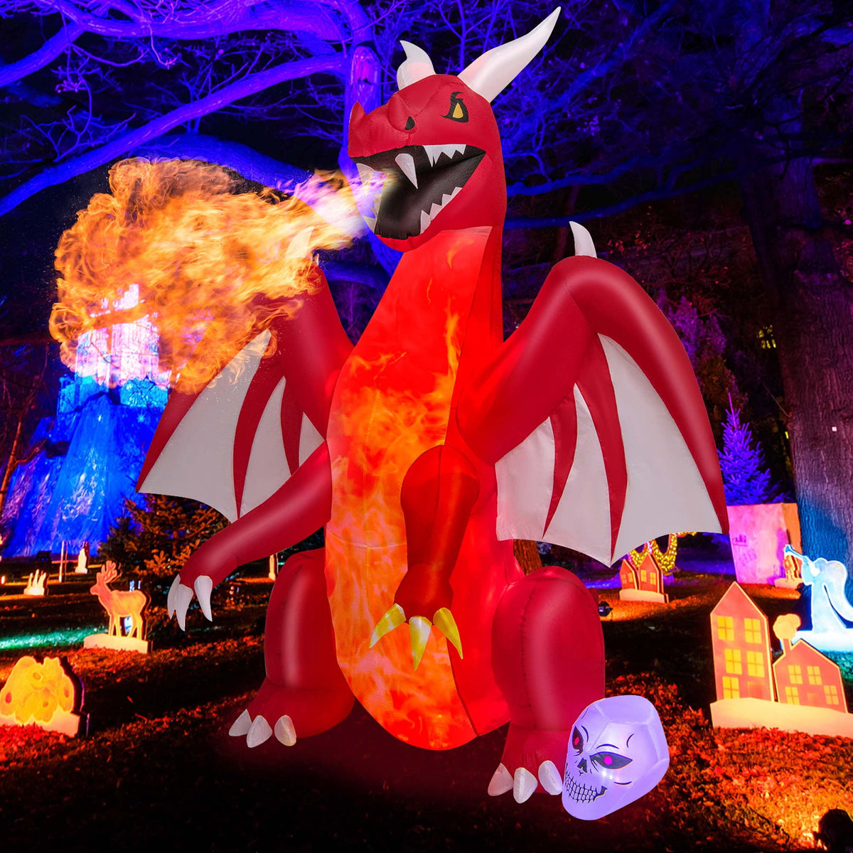 Haunt & Co Costway 8 FT Halloween Inflatable Red Dragon with Wings & Skull Holiday Decoration Light