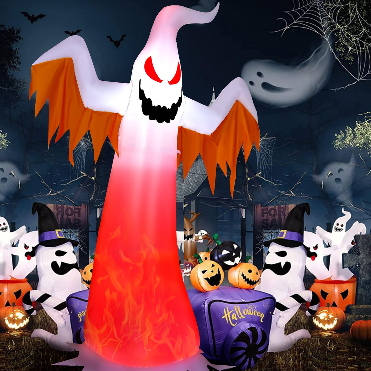 Haunt & Co Costway 8 FT Halloween Inflatable White Ghost with Rotatable Flame LED Lights
