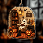 Haunt & Co Cozy Reading Ghost Book Lover Acrylic Halloween Hanging Ornament