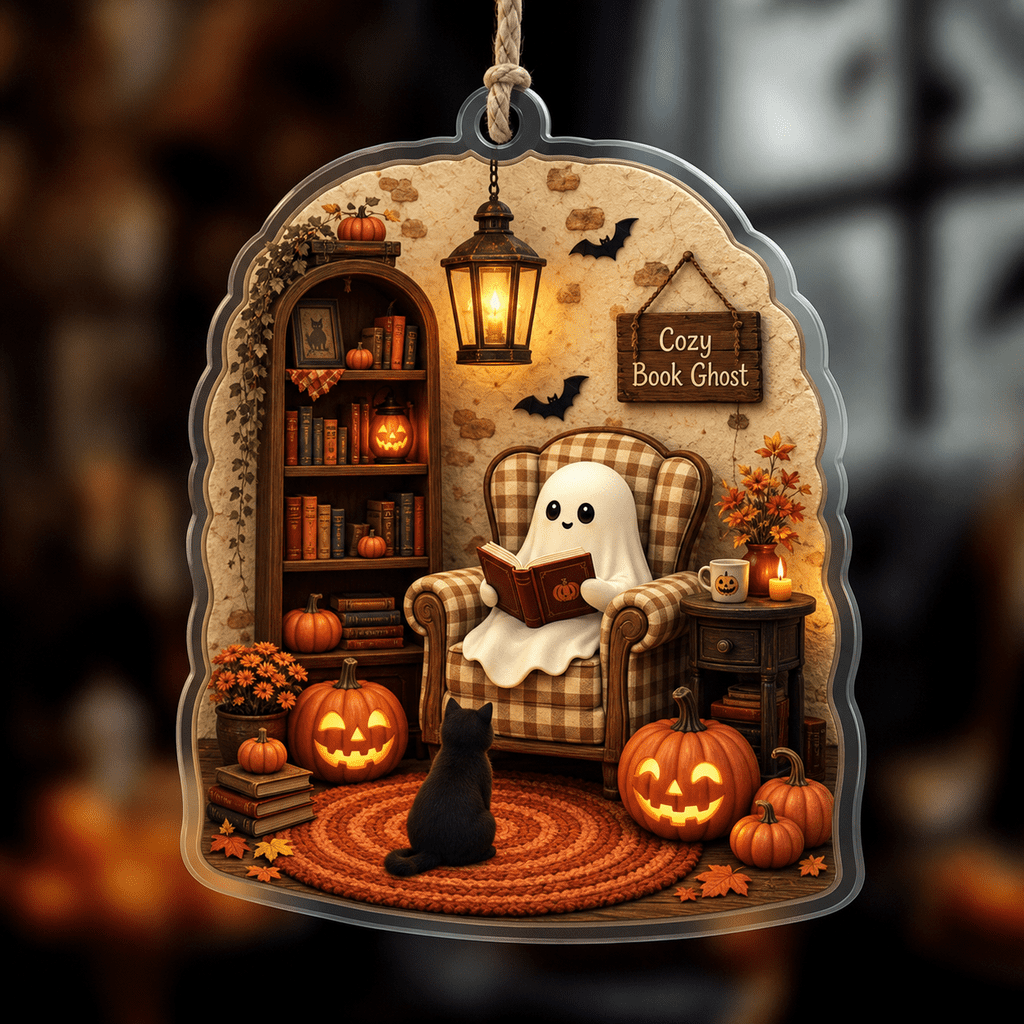 Haunt & Co Cozy Reading Ghost Book Lover Acrylic Halloween Hanging Ornament