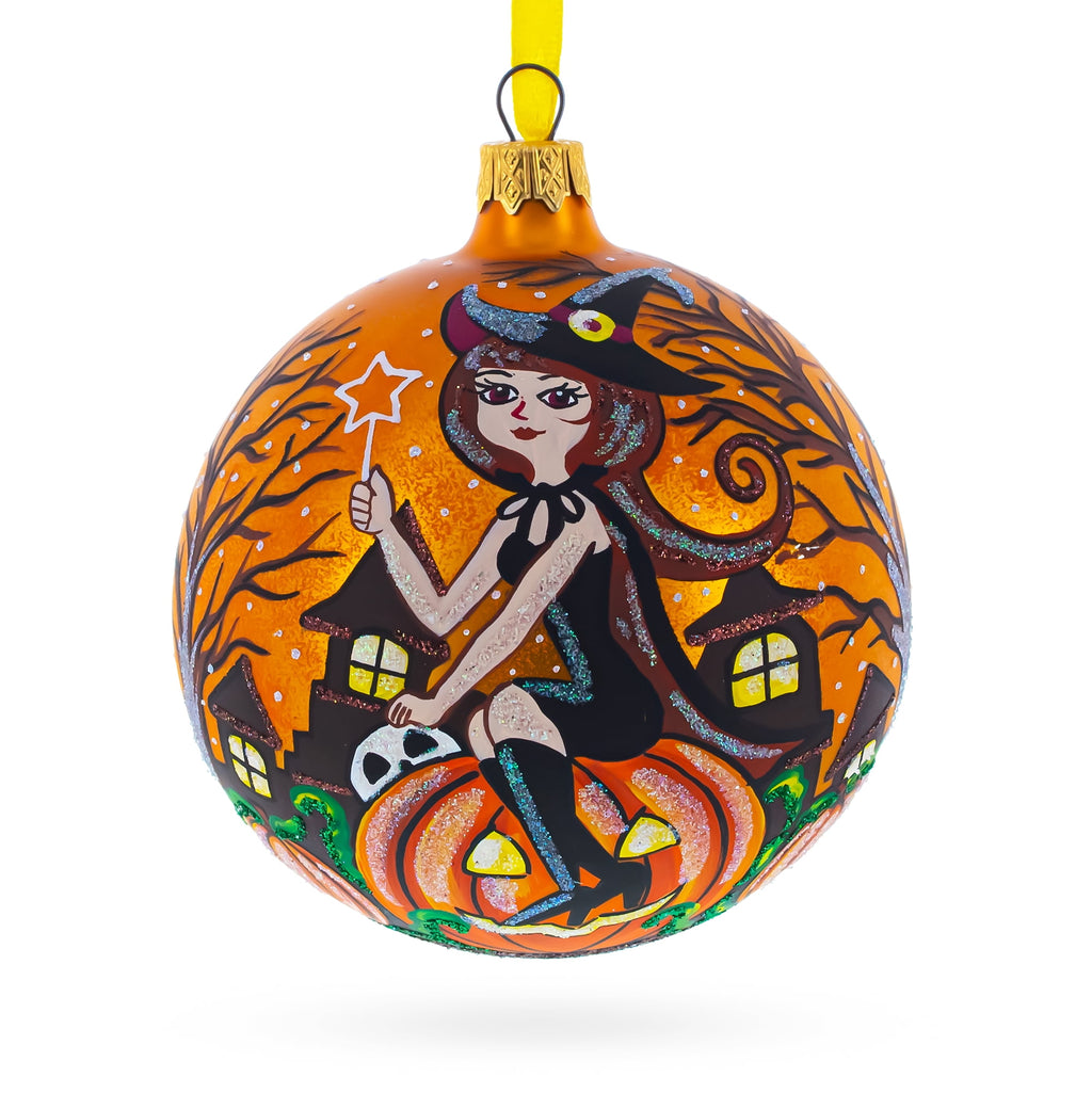 Haunt & Co Enchanting Witch Riding Pumpkin Glass Ball Halloween Ornament 4 Inches