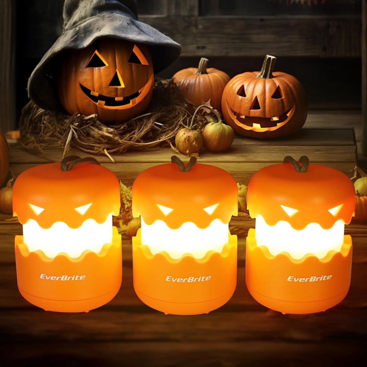 Haunt & Co EverBrite 3-Pack Halloween Pumpkin Lantern, Collapsible Jack O Lantern Pumpkins with Lanyard, Halloween Party Favors, Light up Pumpkin Outdoor
