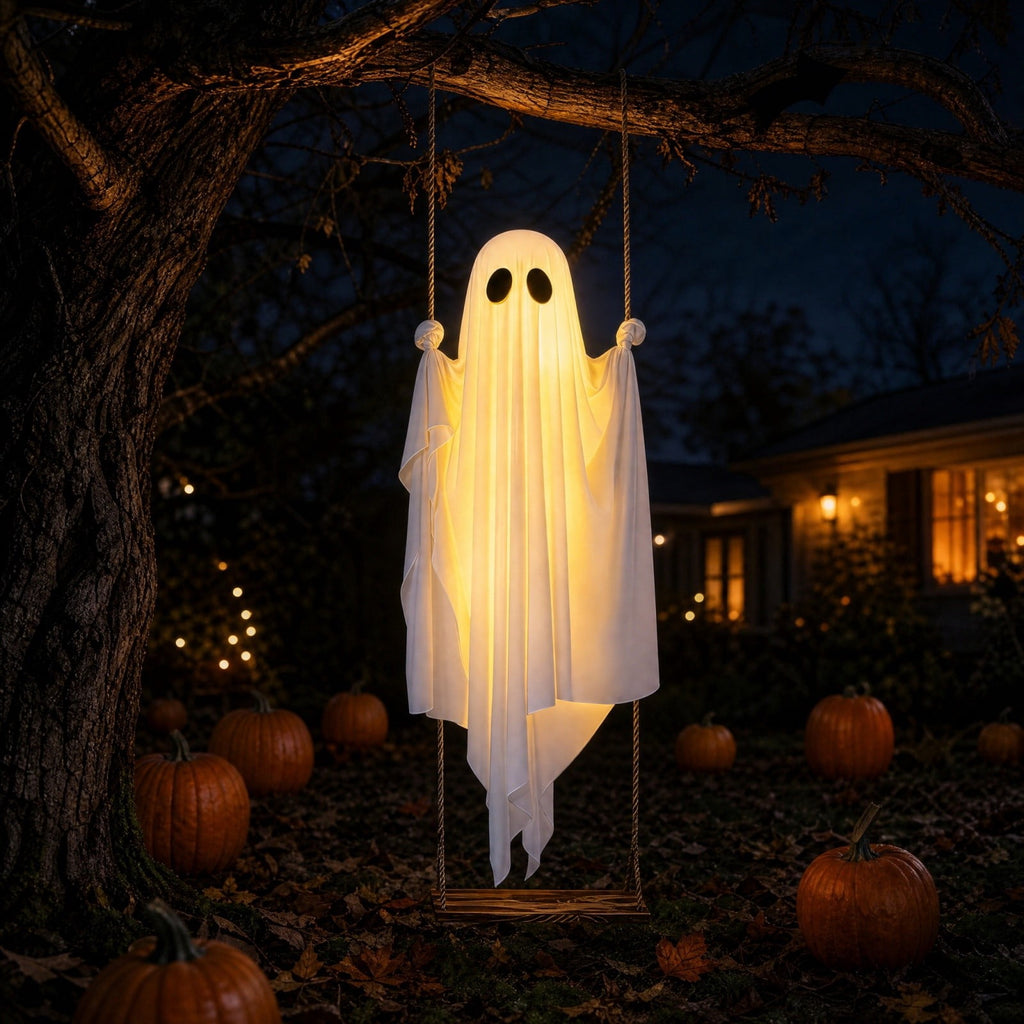 Haunt & Co Fabric Ghost Halloween Ornament, Swinging Solar Light Decor for Tree Yard Porch