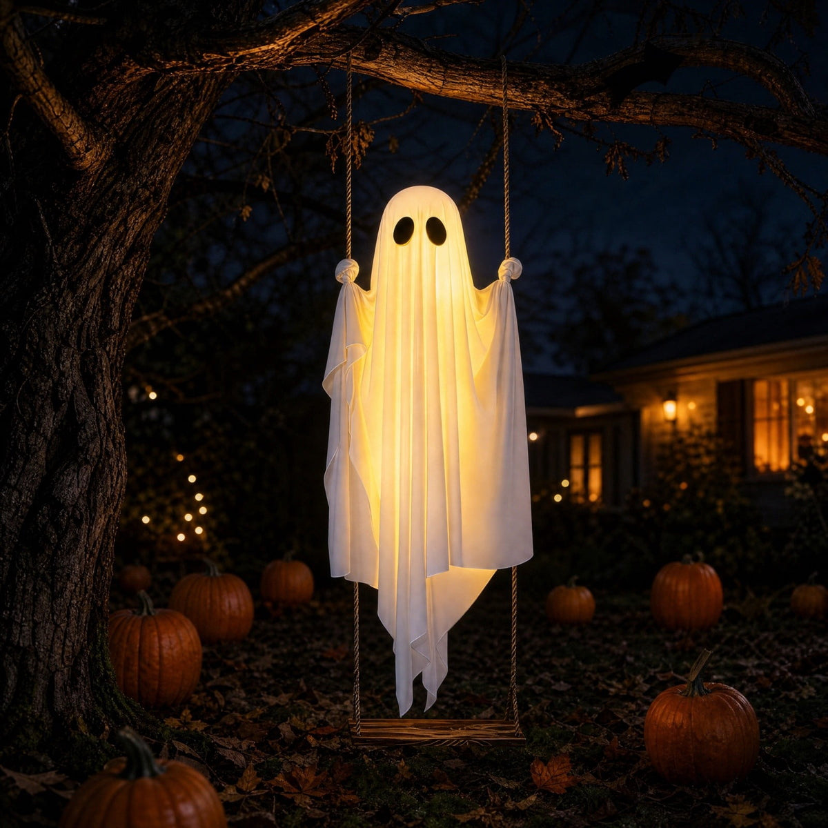 Haunt & Co Fabric Ghost Halloween Ornament, Swinging Solar Light Decor for Tree Yard Porch