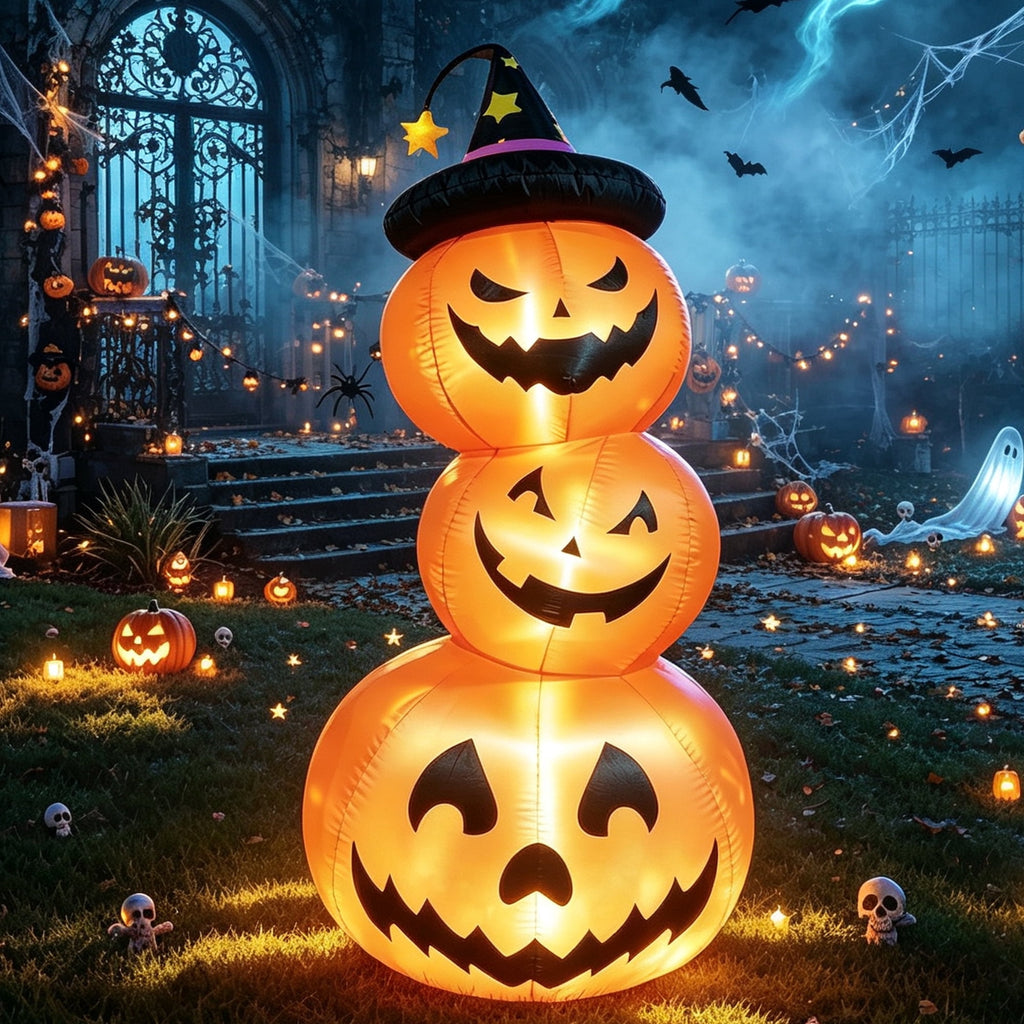 Haunt & Co Faburo 6FT Halloween Inflatable Pumpkin Stack with LED Lights, 3 Jack O Lantern Blow Up Outdoor
