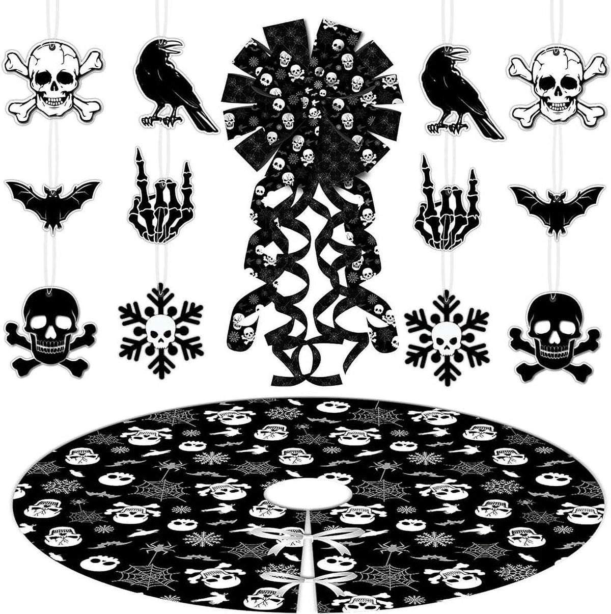 Haunt & Co Black Gothic Christmas Tree Decorations with Scary Skull Christmas Tree Skirt, Large Decorative Tree Topper Bow, 12Pcs Tree Hanging Ornaments for Winter Halloween Xmas Tree Decor