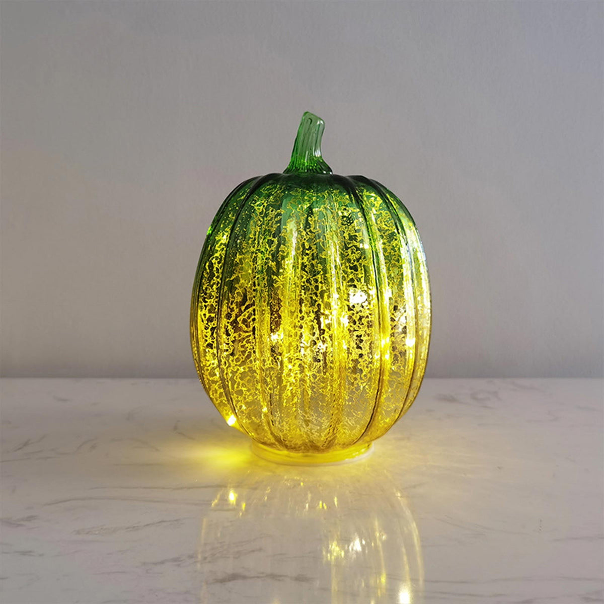 Haunt & Co FantasyFrolic Summerween Green Gradient Glass Pumpkin Lantern, LED Electronic Glowing Ornament for Halloween Party Home Decor B