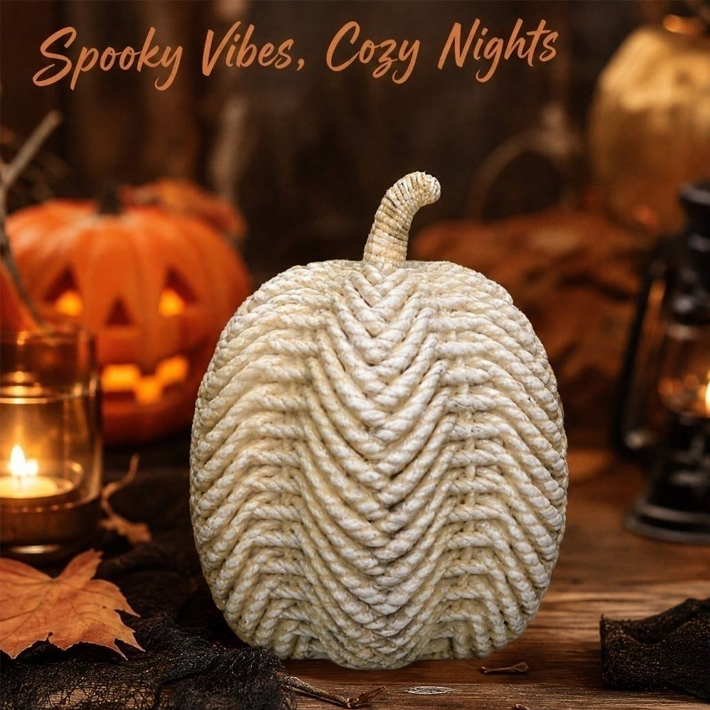 Haunt & Co Faux Rattan Pumpkin Decor, Beige Woven Halloween Ornaments for Fall Home Boho Farmhouse Table Centerpiece Mantel Shelf Porch Autumn Decoration Resin