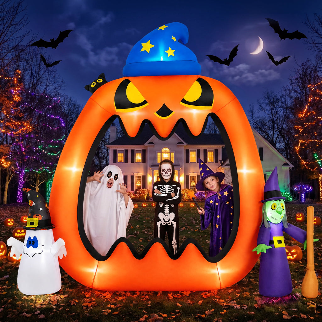 Haunt & Co 8.2ft Halloween Inflatable Pumpkins Photo Door with Ghost Witch Yard Party Outdoor Decorations with LED Lights