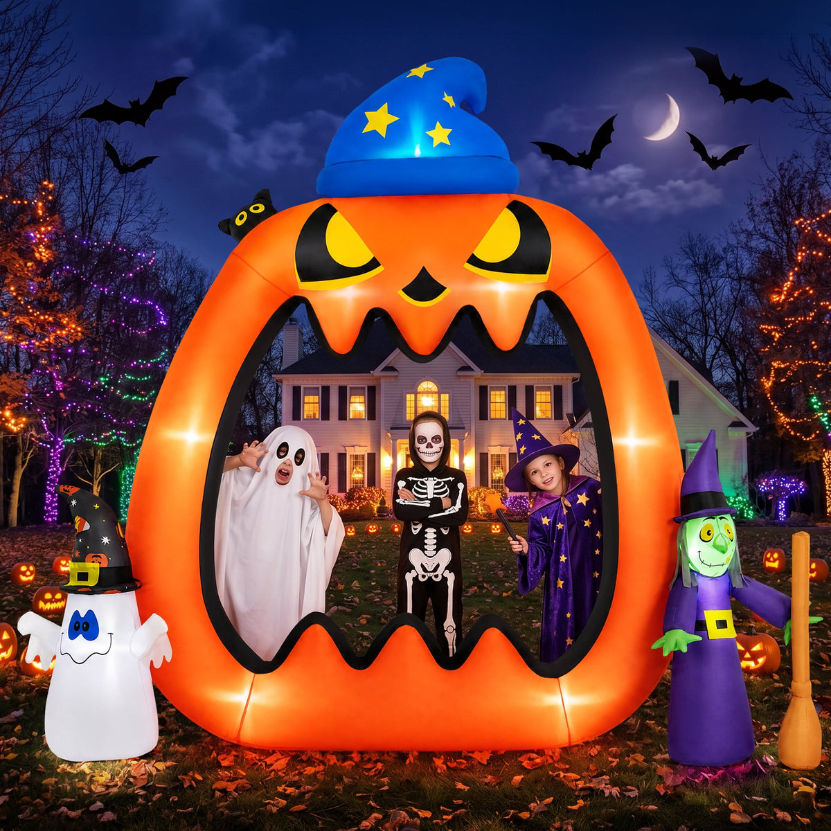 Haunt & Co 8.2ft Halloween Inflatable Pumpkins Photo Door with Ghost Witch Yard Party Outdoor Decorations with LED Lights