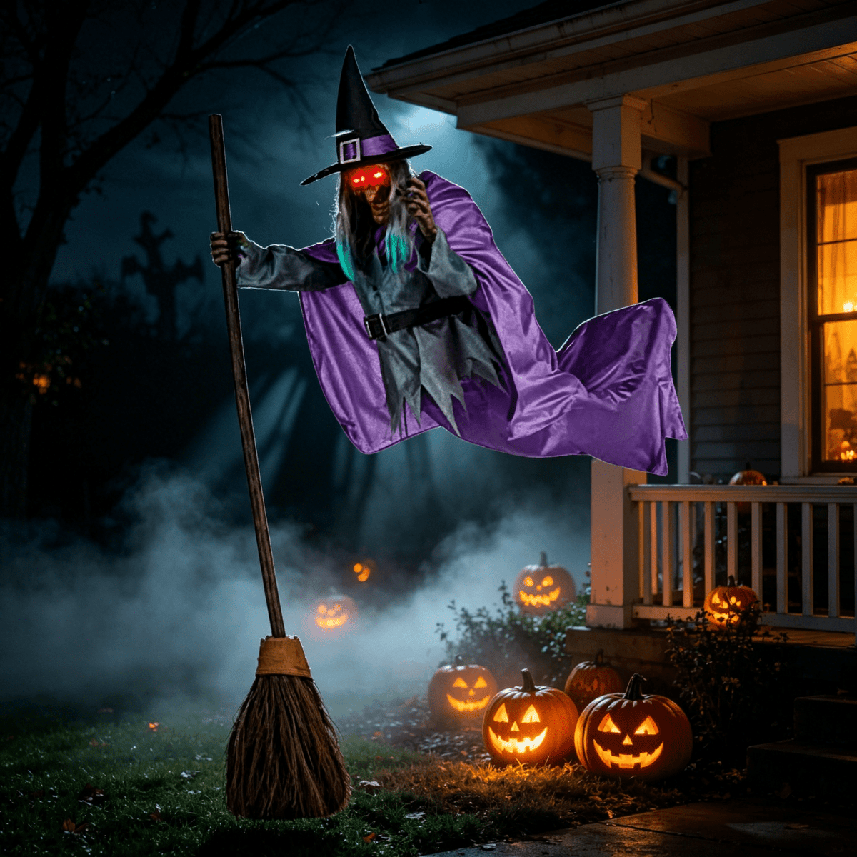 Haunt & Co Witch Decorations Halloween 6 FT Scary Flying Witch Decorations Animatronics Halloween Props with Scary Sounds and Lights Decorations for Outside Indoor Garden Yard