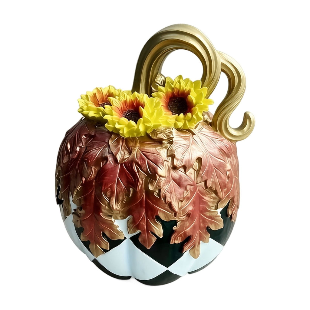 Haunt & Co GIPQJK Resin Pumpkin Decoration Sculpture, Black White Striped Halloween Ornament with Gold Bow, Retro Garden Pole Prop for Party Home Decor, 1 Piece A
