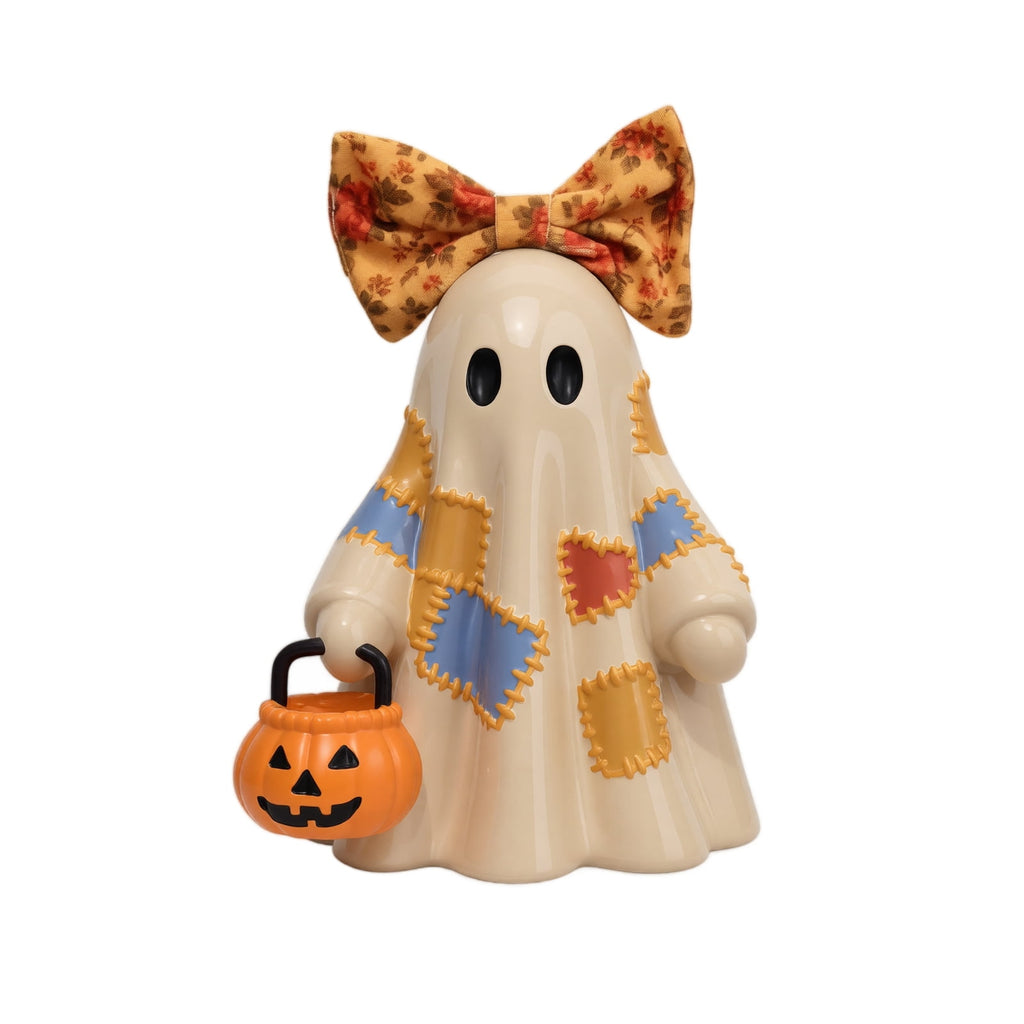 Haunt & Co GIPQJK Summerween Cute Ghost Resin Figure with Bow Tie Holding Pumpkin Statue, Creative Halloween Desktop Shelf Home Decor Ornament A
