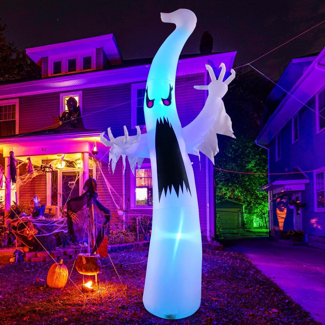 Haunt & Co 12 FT Height Halloween Inflatable Outdoor Colorful Dimming Ghost, Blow Up Yard Decoration Clearance with LED Lights Built-in for Holiday/Party/Yard/Garden