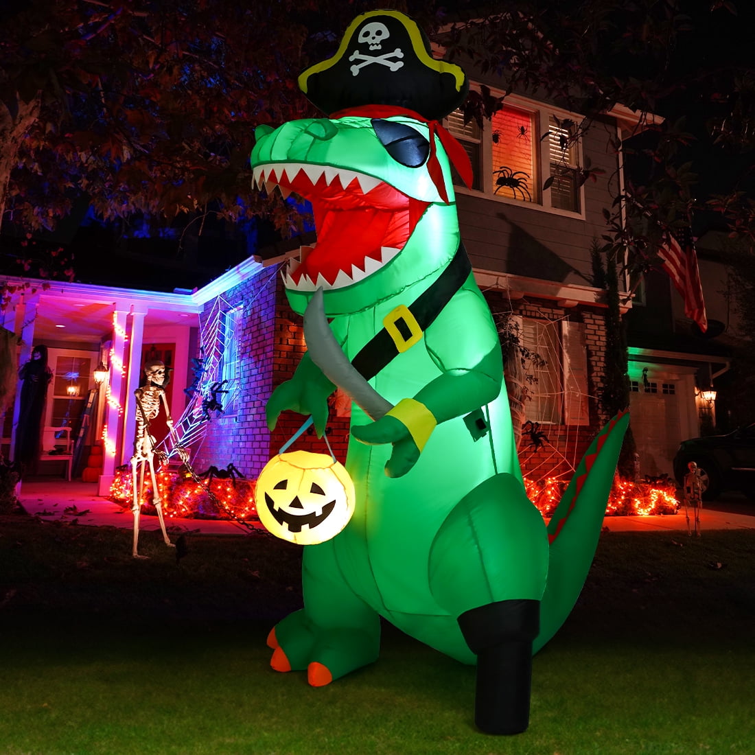 Haunt & Co 7FT Outdoor Halloween Dinosaur Inflatable, Halloween Inflatables Blow up Dinosaur, Green Pirate Dino Dinosaur Halloween Inflatable for Holiday/Party