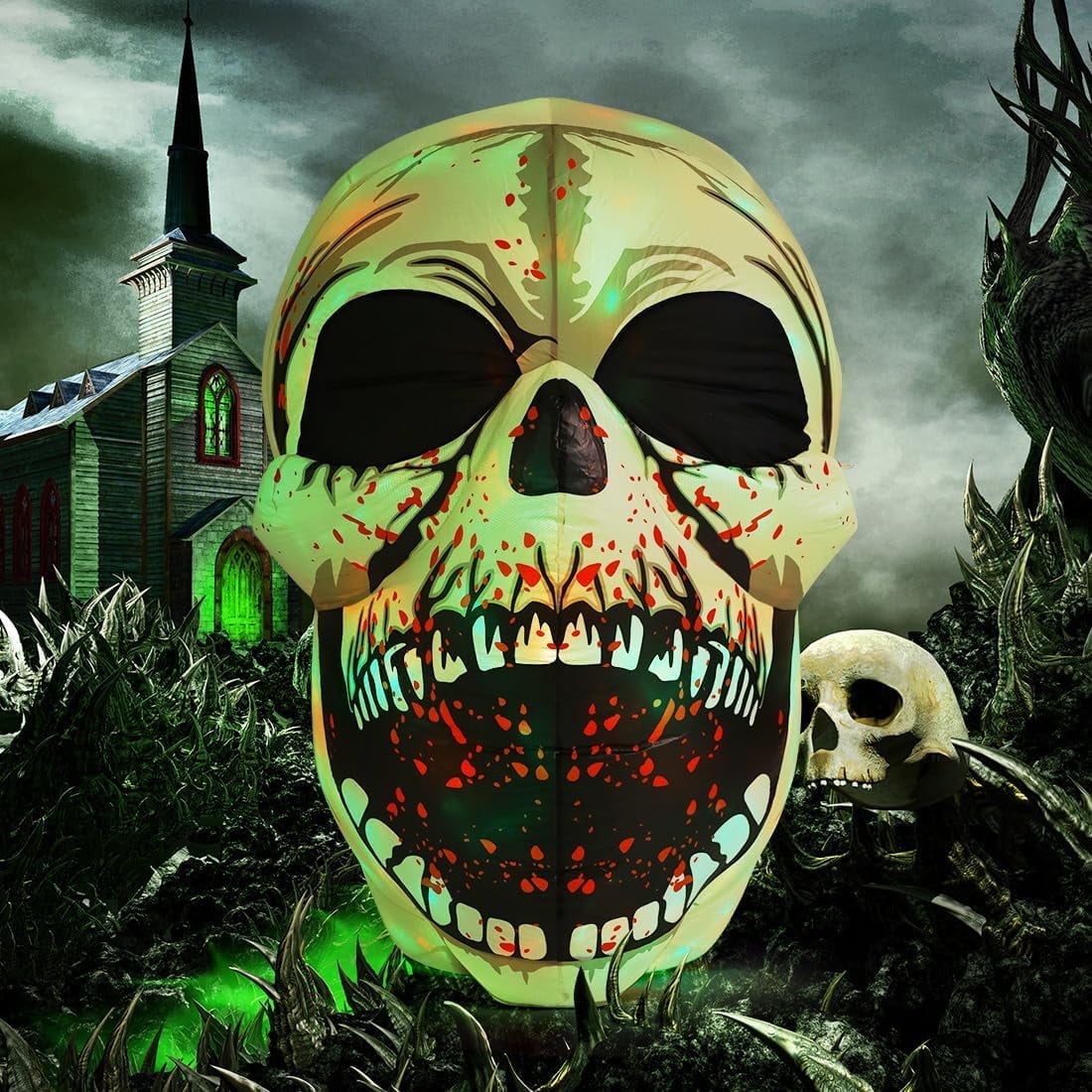 Haunt & Co Halloween Inflatables 4 FT High Halloween Inflatable Skull with Magic LEDs, Scary Skulls Inflatable Halloween Skull Inflatable, Outdoor Clearance for Holiday Party