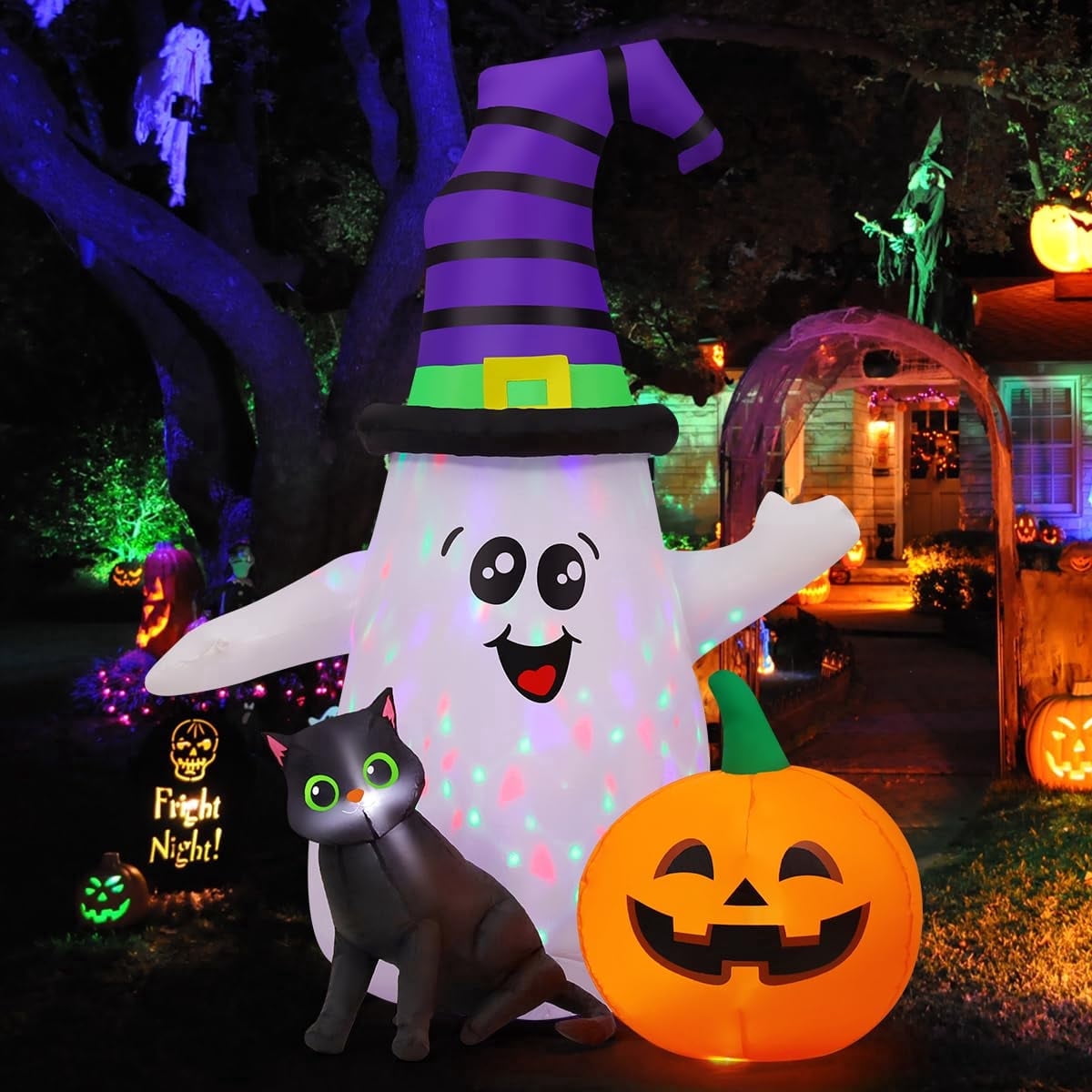 Haunt & Co Halloween Inflatables 5 FT Halloween Ghost Inflatable with LED Lights, Cute Ghost Blow Up with Wizard Hat Pumpkin Black Cat, Outdoor for Halloween Holiday Indoor Outdoor