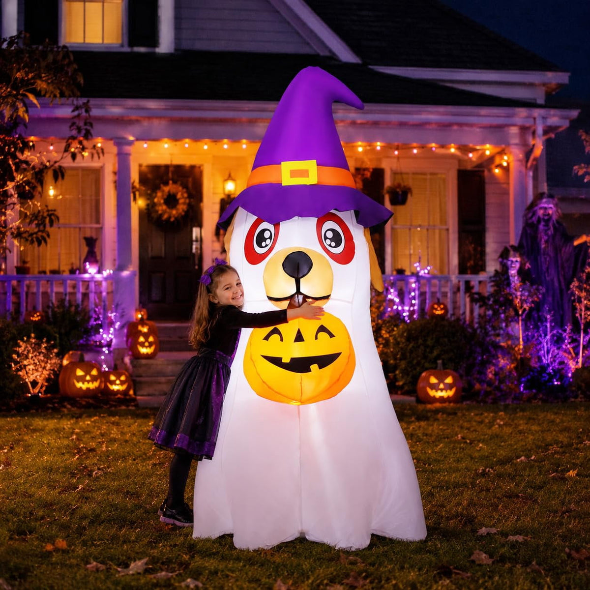 Haunt & Co Halloween Inflatables 6 FT Inflatable Ghost Dog with Pumpkin in Mouth & Witch Hat, Halloween Ghost Dog Inflatables with LED Lights, Outdoor for Halloween Holiday Party