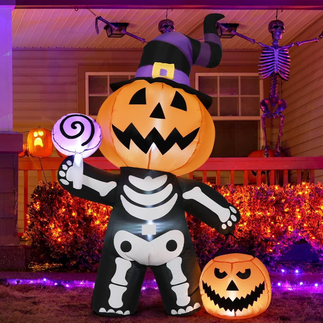Haunt & Co Halloween Inflatables 6 FT Halloween Pumpkin Inflatable with Skull Body, Scary Blow Up Halloween Pumpkin Decoration with LED Lights, Outdoor Clearance for Holiday Party