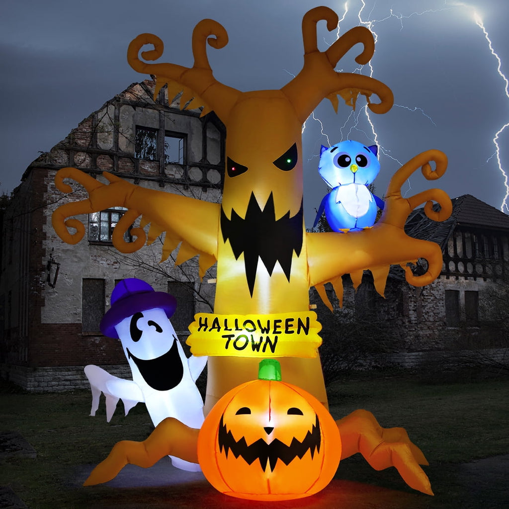 Haunt & Co Halloween Inflatables 8 FT Halloween Inflatable tree with Ghost Pumpkin and Owl, Halloween Dead Tree Decorations Scary with Built-in Lights for Halloween/Holiday/Party