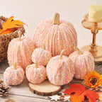 Haunt & Co Gaecuw 7 Pack Glitter Pumpkin Decor Sequin Velvet Fall Ornaments for Thanksgiving Table, Halloween Display, Mixed Sizes, Beige