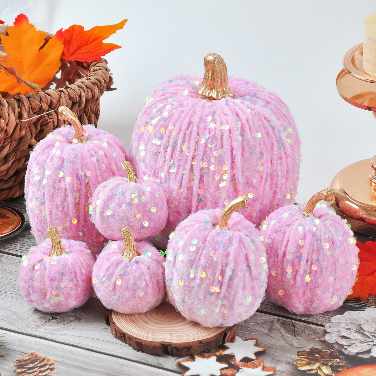 Haunt & Co Gaecuw 7 Pack Glitter Pumpkin Decor Sequin Velvet Fall Ornaments for Thanksgiving Table, Halloween Display, Mixed Sizes, Beige
