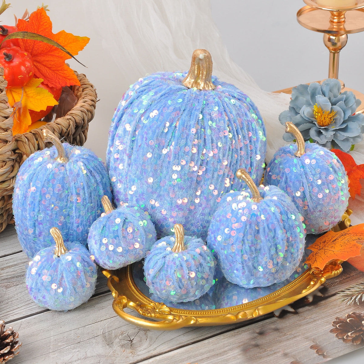 Haunt & Co Gaecuw 7 Pack Glitter Pumpkin Decor Sequin Velvet Fall Ornaments for Thanksgiving Table, Halloween Display, Mixed Sizes, Beige