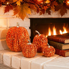 Haunt & Co Gaecuw 7 Pack Glitter Pumpkin Decor Sequin Velvet Fall Ornaments for Thanksgiving Table, Halloween Display, Mixed Sizes, Beige