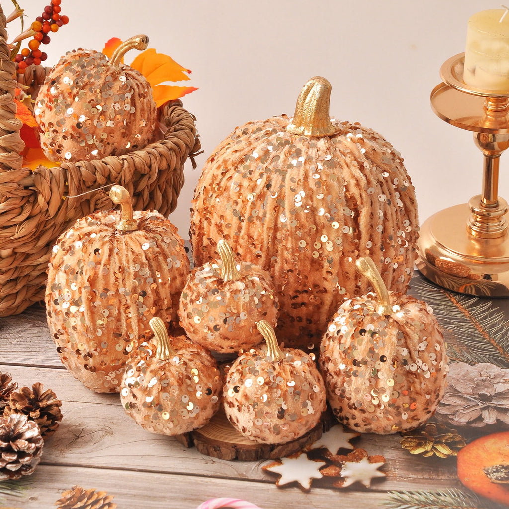 Haunt & Co Gaecuw 7 Pack Glitter Pumpkin Decor Sequin Velvet Fall Ornaments for Thanksgiving Table, Halloween Display, Mixed Sizes, Beige