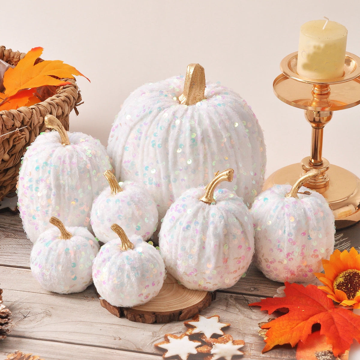 Haunt & Co Gaecuw 7 Pack Glitter Pumpkin Decor Sequin Velvet Fall Ornaments for Thanksgiving Table, Halloween Display, Mixed Sizes, Beige