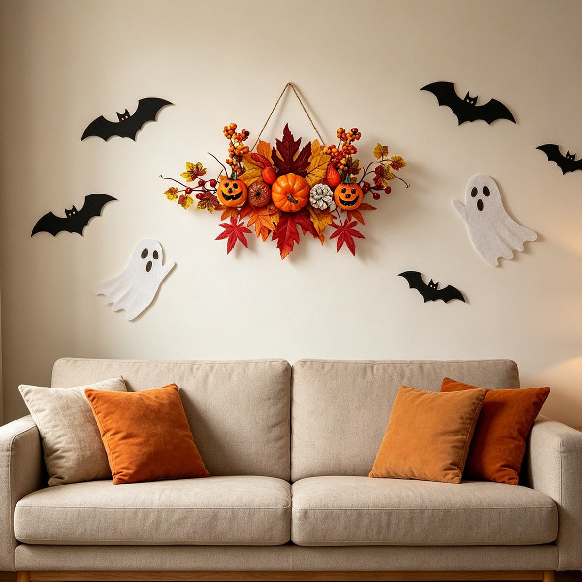 Haunt & Co Gaecuw Halloween Maple Leaf Pumpkin Hanging Decor Fall Festival Wall Ornament for Front Door Party Indoor Supplies