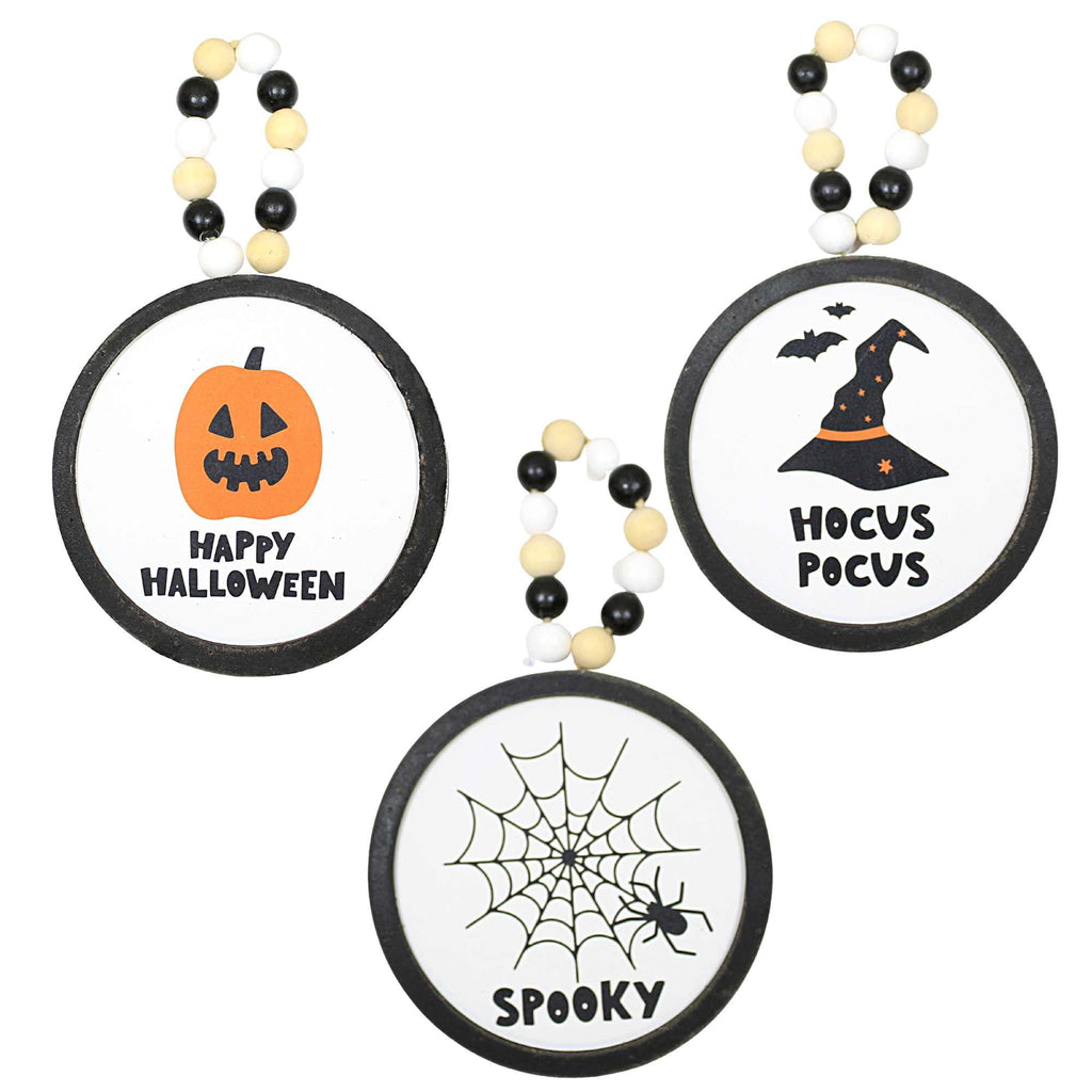 Haunt & Co Ganz Fun Halloween Disk Ornaments - Three Hanging Disk 7.75 Inch, Wood Pulp - Pumpkin Spider Hocus Pocus